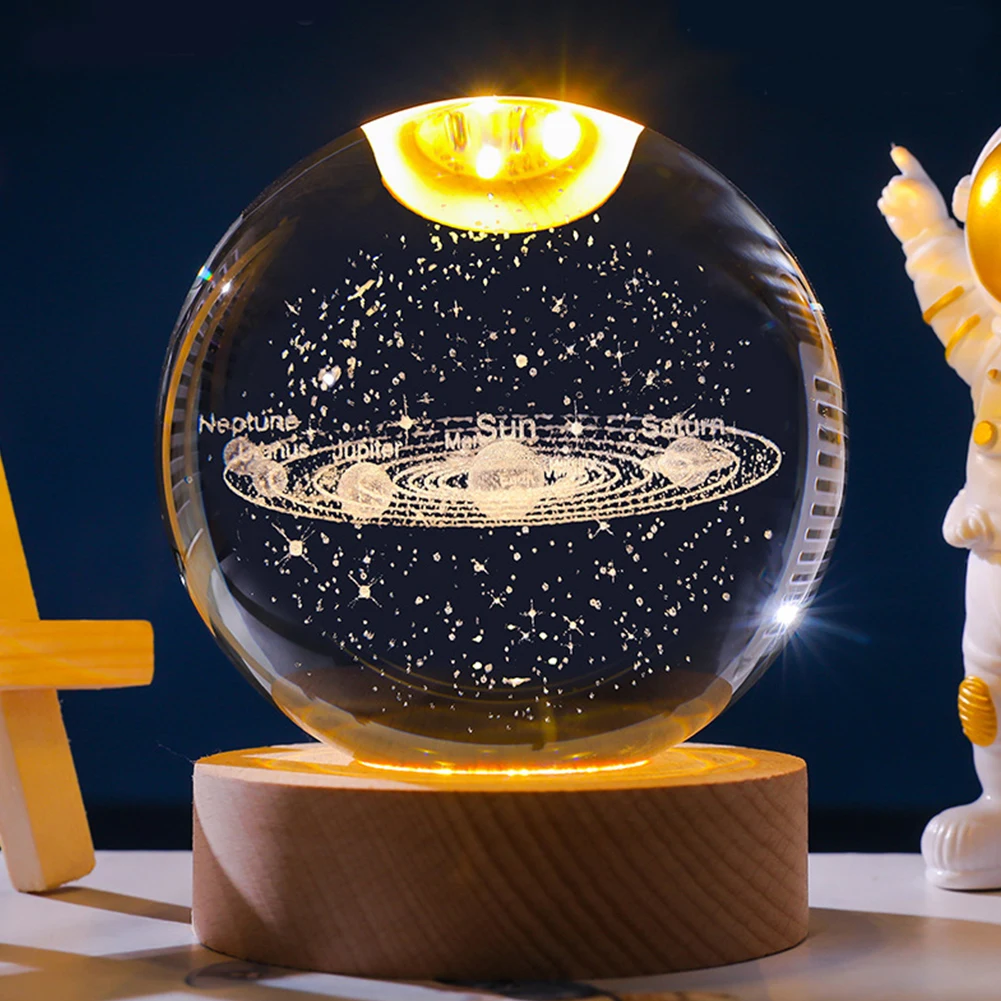 3D Moon Crystal Ball Astronomy Galaxy Solar System 16 Color Luminous Balls with Remote Control Wooden Base Home Desktop Decor