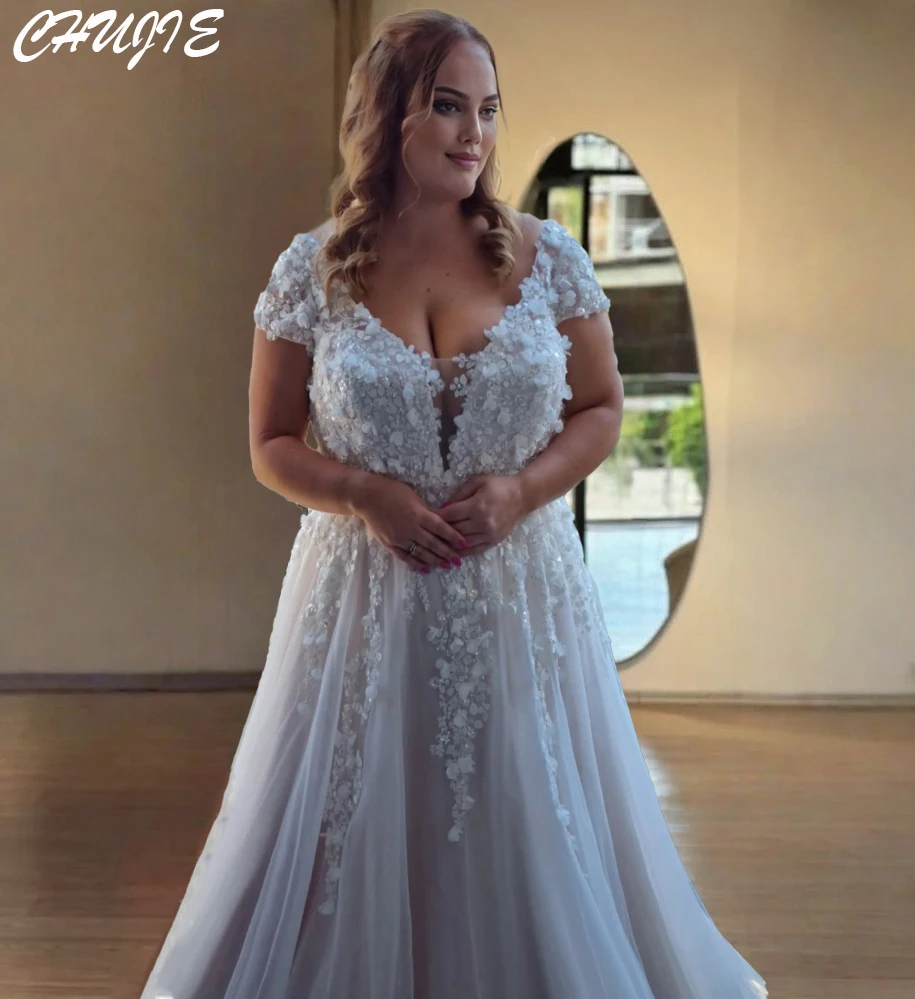 キャップスリーブアップリケ付きAラインプリーツウェディングドレス、プラスサイズブライダルガウン、カスタムメイドのウェディングドレス