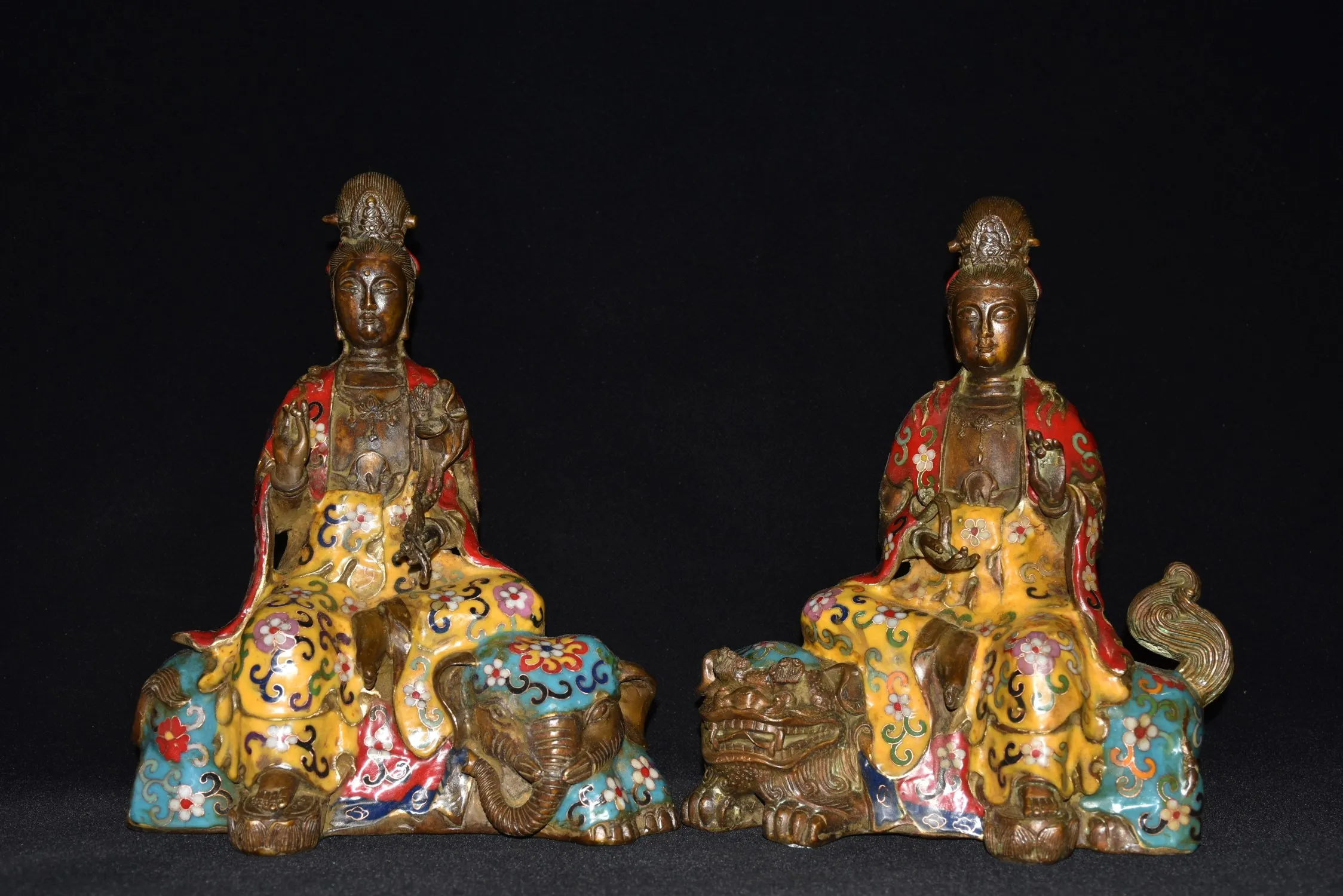 

11"Tibetan Temple Collection Old Bronze Cloisonne Enamel Manjushri Samantabhadra Mounts beasts Worship Hall Town house