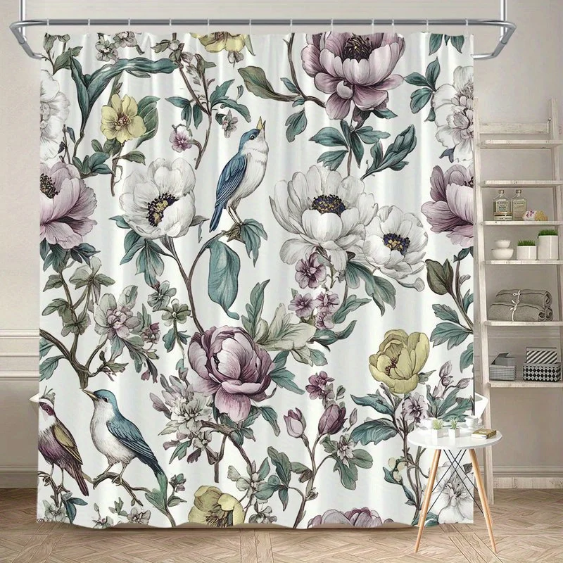 

1 шт., занавеска для душа с рисунком розы и птицы, полиэфирная ткань, можно стирать в машине, подходит для украшения ванной комнаты