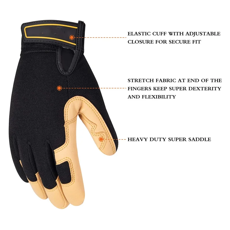 XYEHS 1 Pair Light Work Gloves Durable & Soft Mechanic Gloves Leather Reinforcement Fingertip High-Abrasion Resistance Level 4