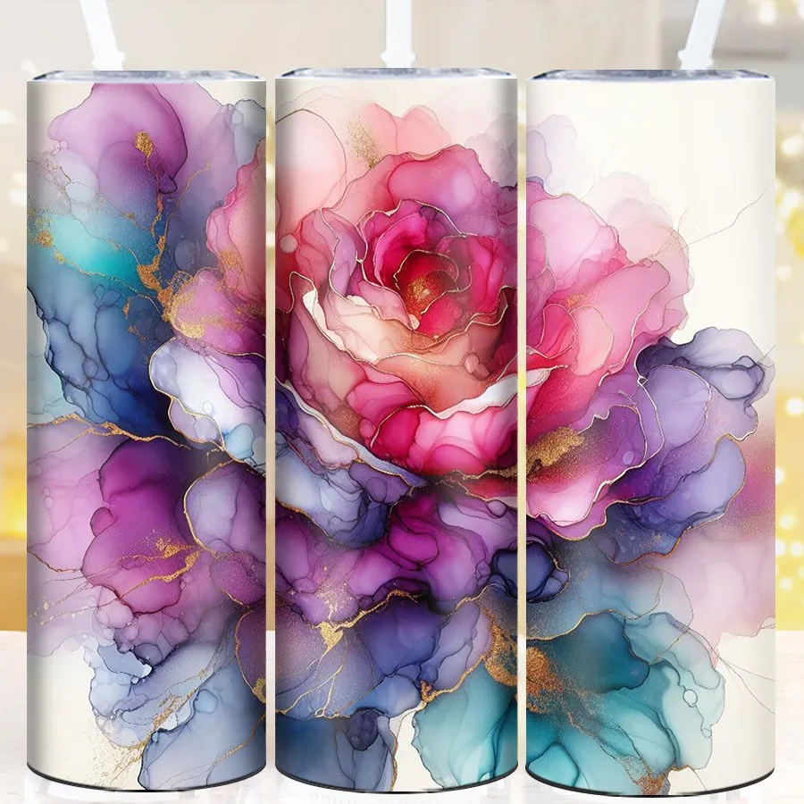 1Pc Skinny Straight Party Tumblers Straw Lid 3D Print Colorful Oil Painting Flowers Coffee Mugs Stainless Insulated Vacuum Mugs