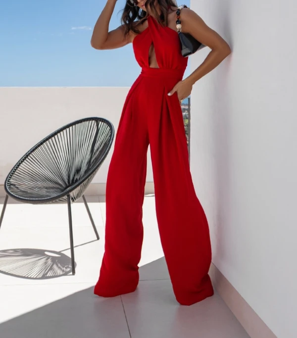 女性ロングジャンプスーツ着用新ファッションロンパース無地ノースリーブオフショルダーセクシーなぶら下げネックハイウエストジャンプスーツ