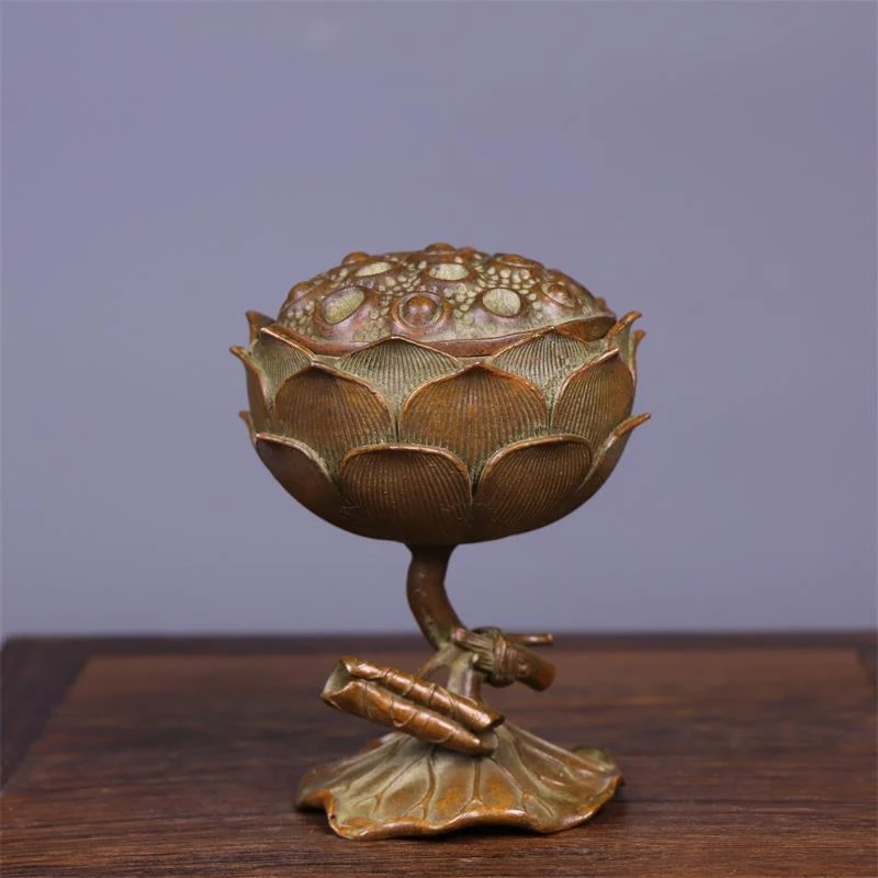 All-copper handmade lotus burner, classical home aromatherapy decoration for entryway, office, study, and incense ceremo