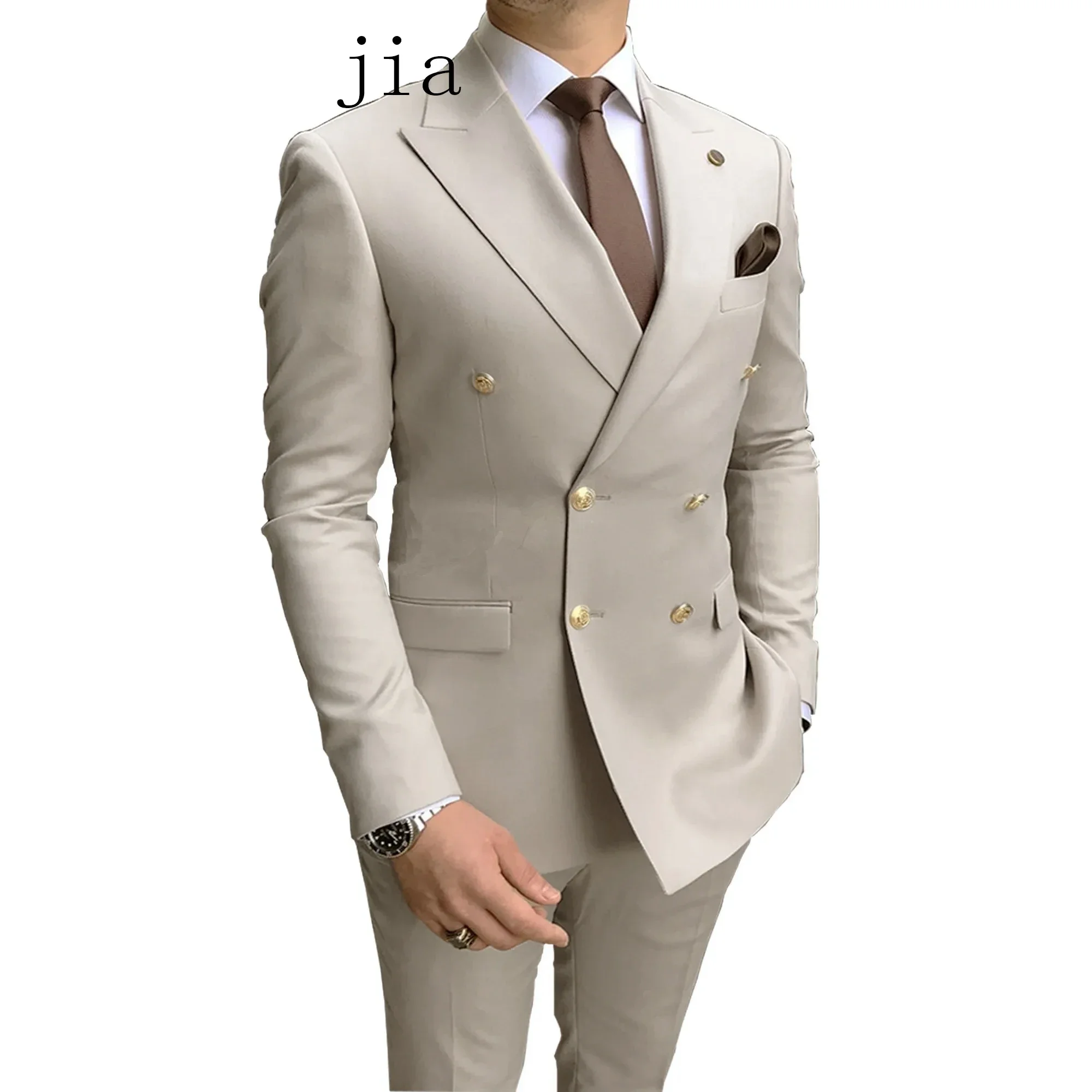 

Fashion New Men's Business Double Breasted Solid Color Suit Coat / Male Slim Wedding 2 Pieces Blazers Jacket Pant