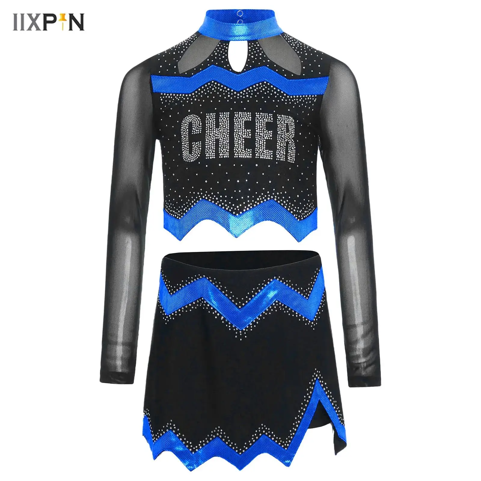 

2Pcs Girl Cheer Leader Dance Costume Long Sleeve Hollow Out Shiny Rhinestone Crop Top+Skirt Set Cheer Uniform Streetwear Outfit