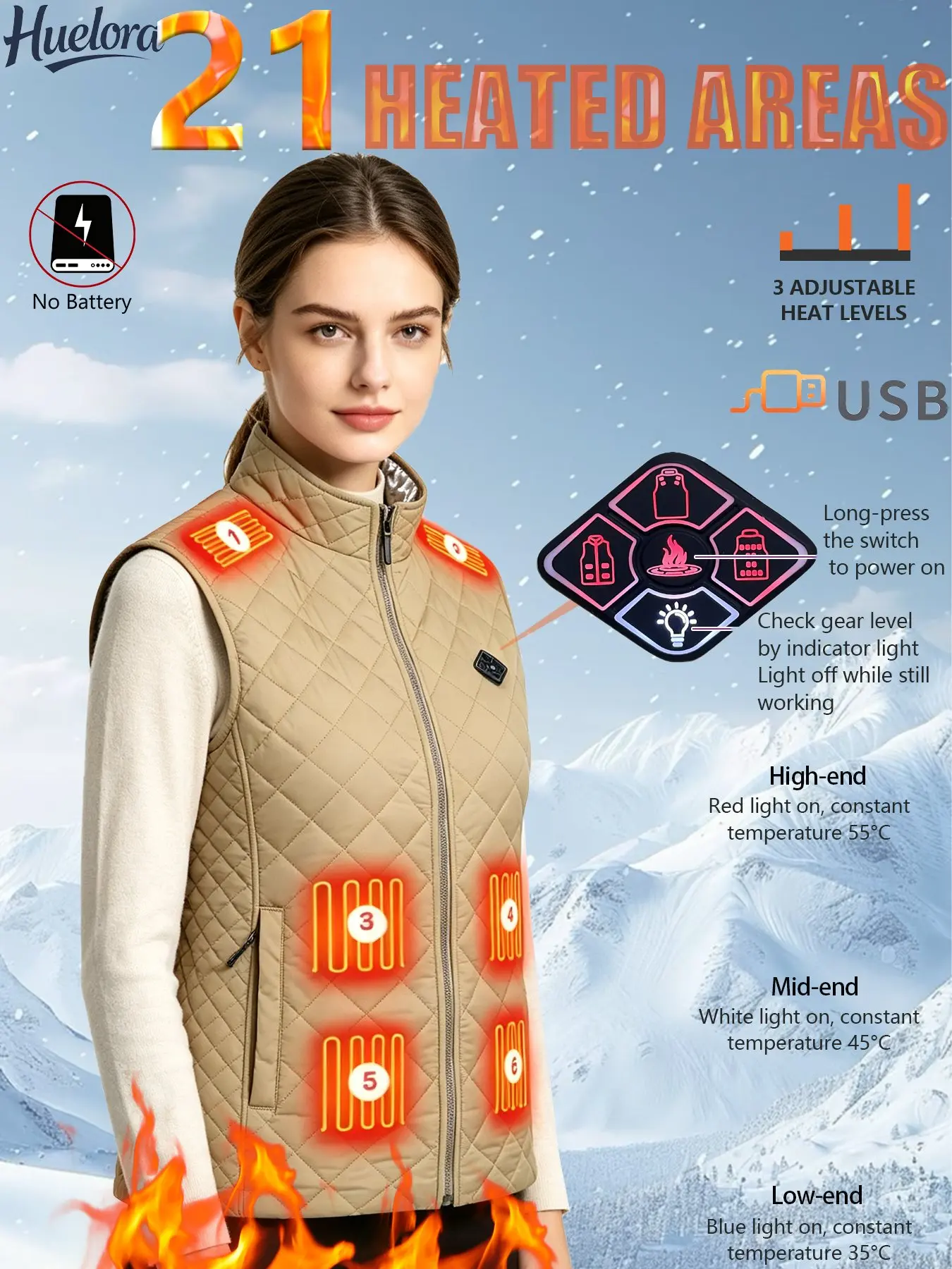 Women Heated Vest 21 Heating Zones USB Electric Heating Vest 3‑Level Temperature Control Machine Washable Warm Vest ，4‑Control