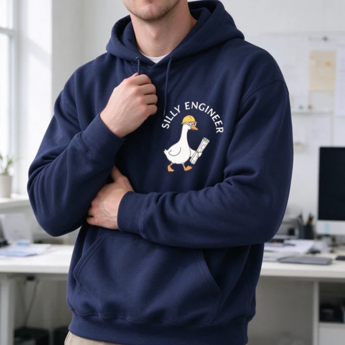 Silly Engineer Duck Hoodie Funny Sweatshirt Engineering Humor Top with Hard Hat Graphic Meme Casual Streetwear Unisex