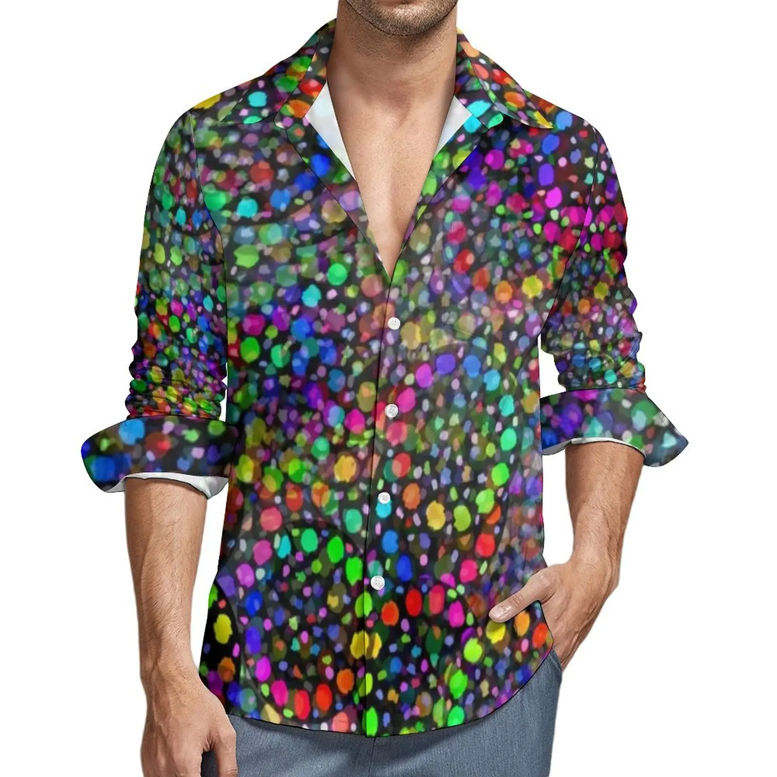 Rainbow Polka Dot Shirt Spring Colorful Spots Print Casual Shirts Men Vintage Blouses Long Sleeve Custom Street Style Tops