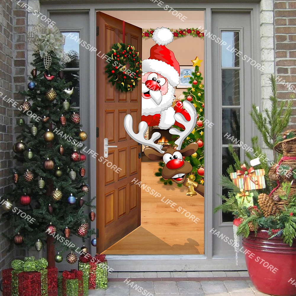 2025 Merry Christmas Series New Year Door Sticker Creative Santa Claus Elk Design Entrance Door Wrap Cover Festival Decoration