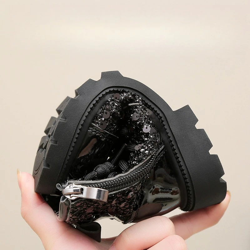 Bling Fashion Short Boots for Girl Round Toe Shine Sequin Side Zipper Outdoors Shoes Thick Bottom Chunky Heel Kids Princess Boot