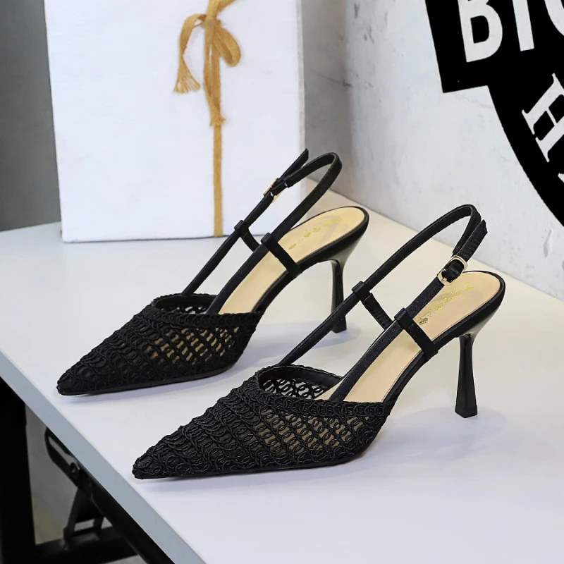 ocialite Woven Mesh Pointed Pumps Minimalist Single Metal Buckle Strap Thin Stiletto Breathable Elegant Office Evening