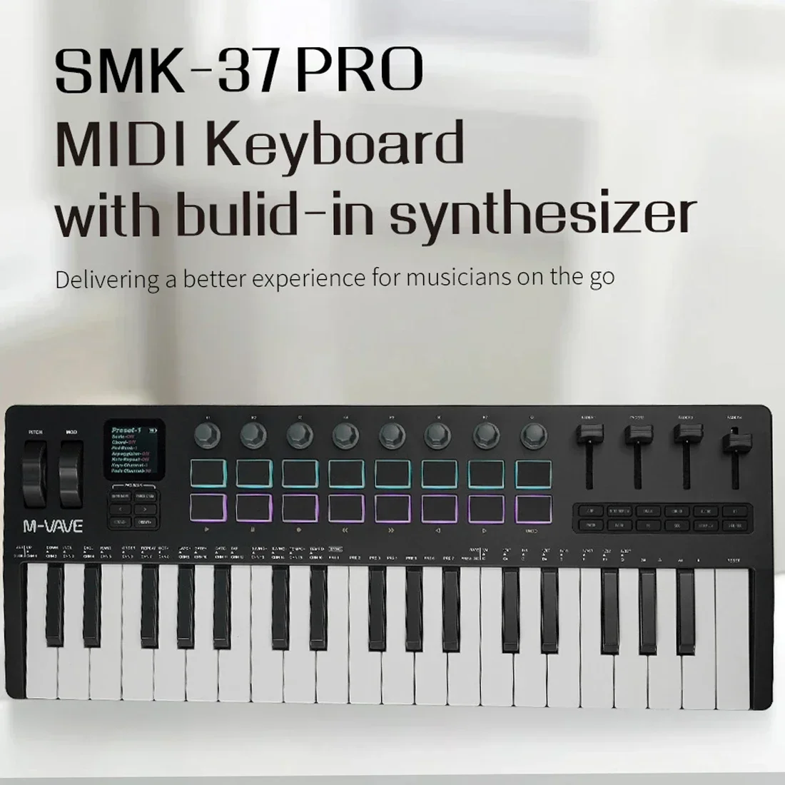 M-VAVE SMK-37 PRO 37-Key Portable MIDI Controller With 16 RGB Pads 8 Knobs Built-in Synthesizer Keyboard Music Production