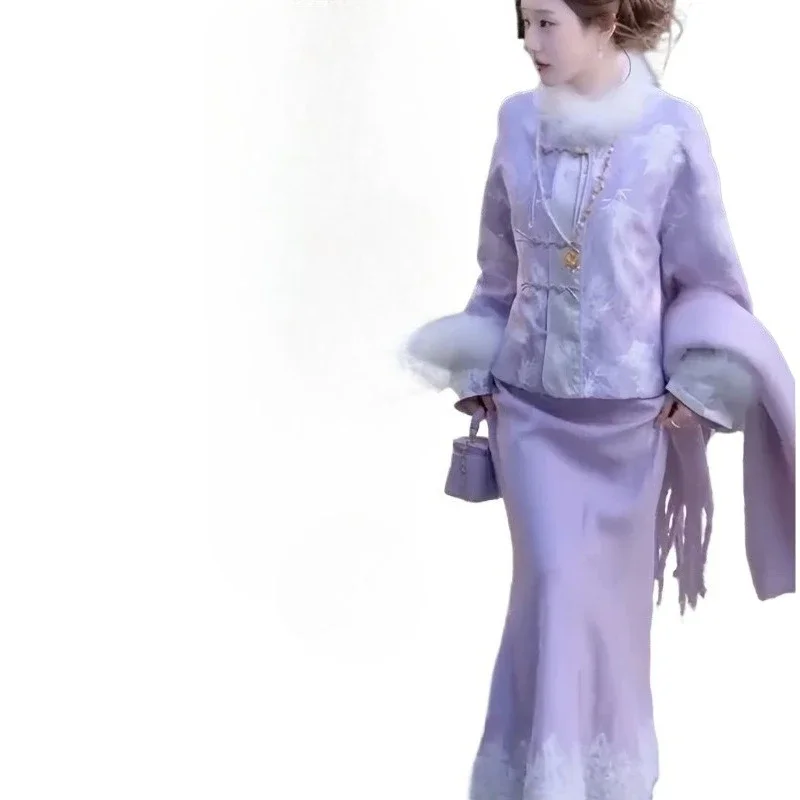 Unique and Beautiful, and The Purple Button-up Coat Skirt Two-piece Set Is Winter The New Chinese-style National Style Suit
