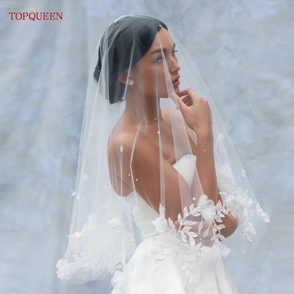 TOPQUEEN-Véu De Noiva Com Capa Blusher, Flores Curtas 3D, VEU WED, Comprimento Do Cotovelo De Dois Camados, Pérolas, Casamento, Rosto, Designer, V122