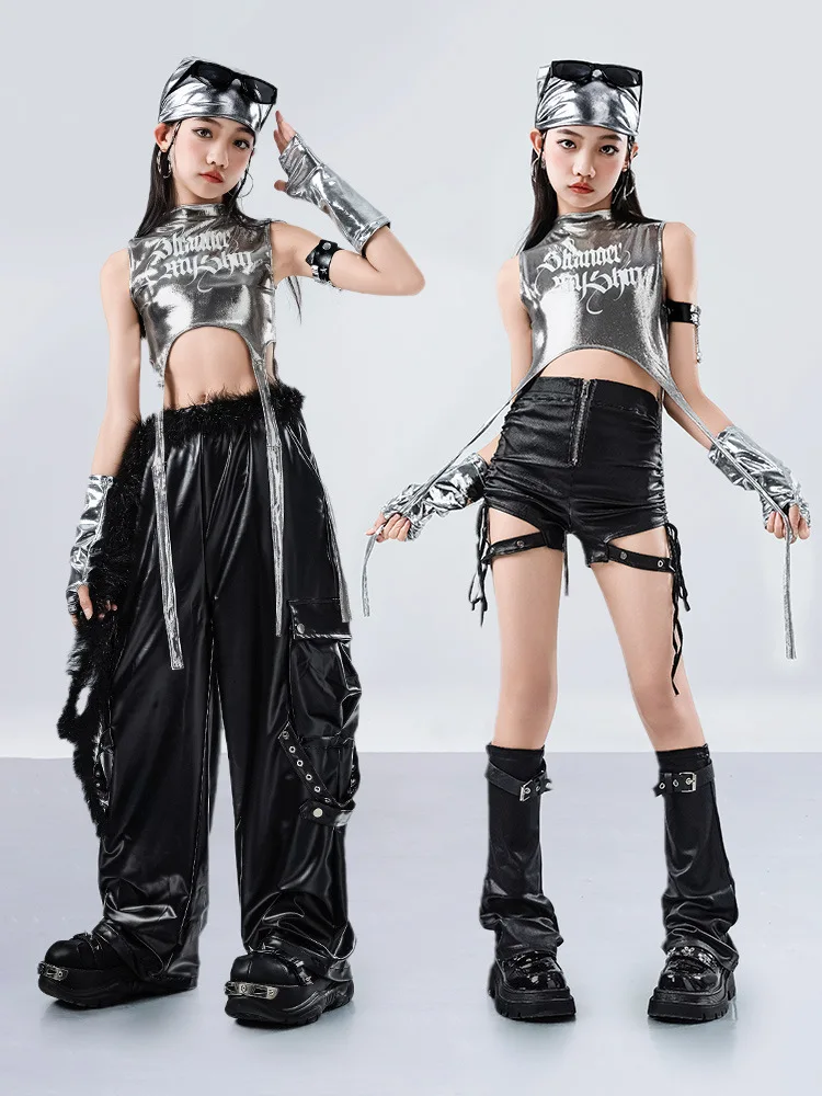 Set Hip Hop per ragazze K-pop Nastro argento Crop Top Pantaloni in pelle da ballo di strada Bambini Streetwear Costume da jazz per bambini Vestiti di gruppo per ragazze