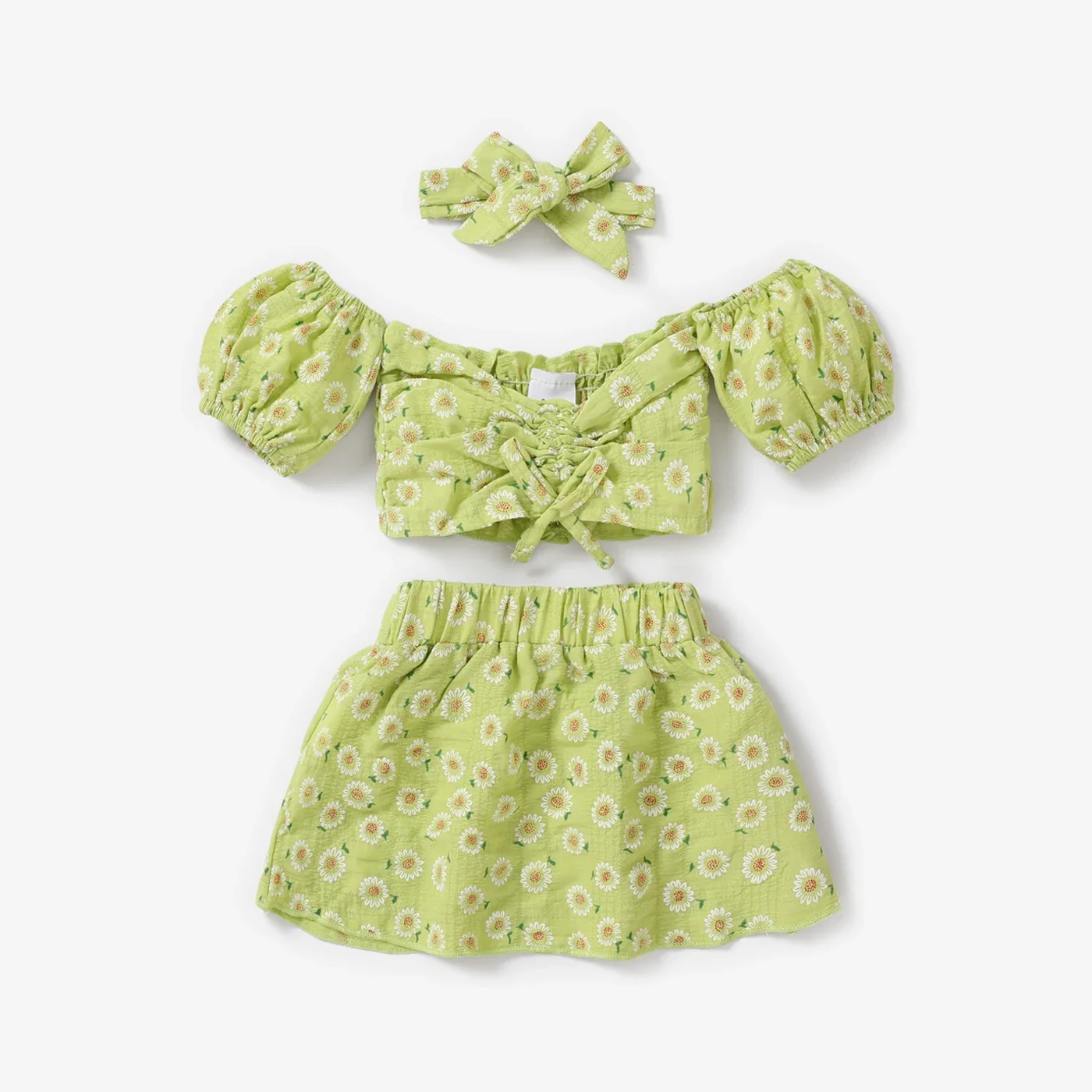 PatPat 3pcs Baby Girl Green Floral Print Off Shoulder Strapless Puff-sleeve Crop Top and Skirt with Headband Set