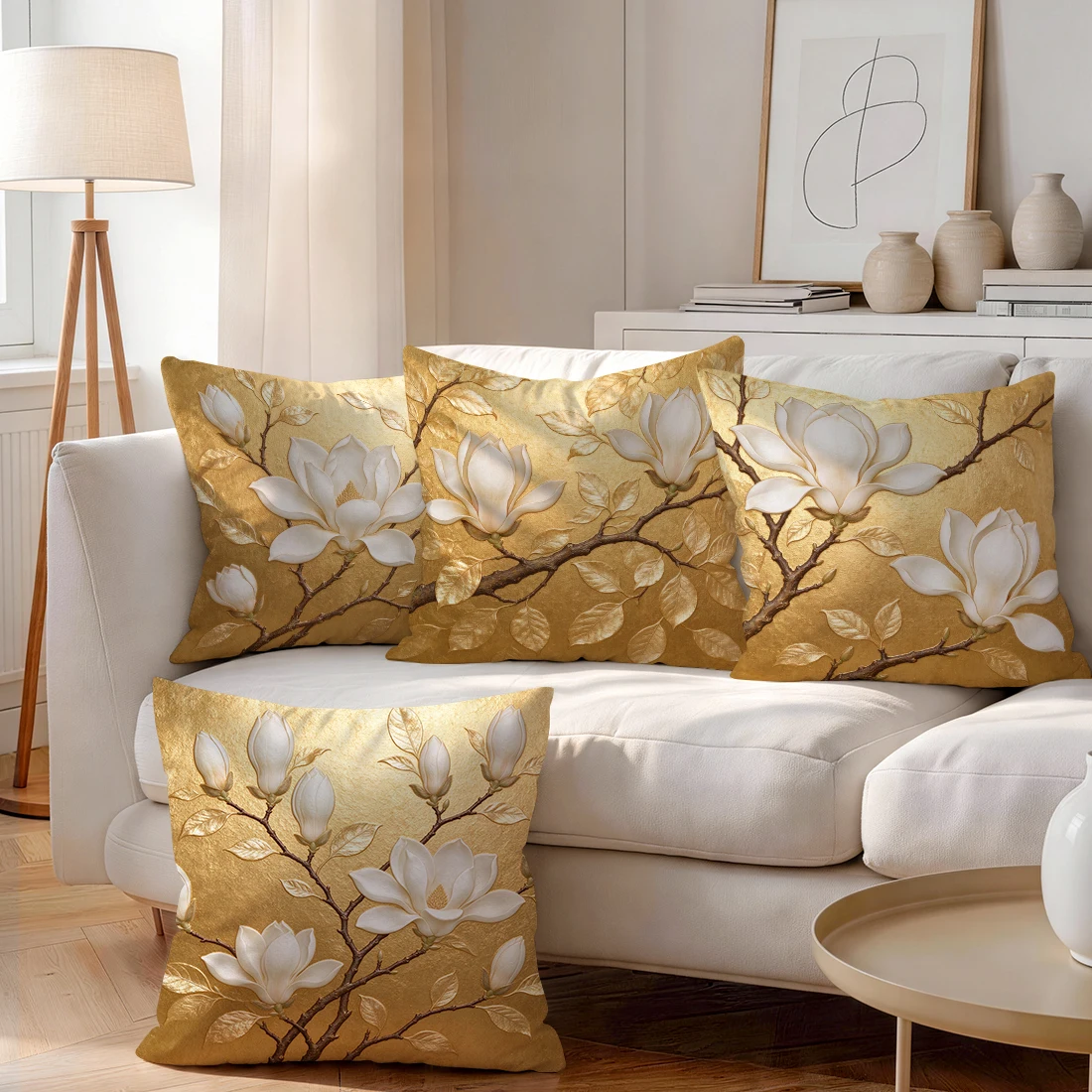 Gilded Bottom Relief White Magnolia Cushions Pillowcase Polyester Cushion Cover Throw Pillow Pillowcover Home Car Sofa Decor