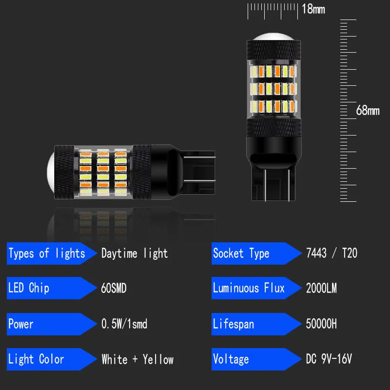2PCS T20 W21/5W 7443 580 Canbus LED Front Turn Signal Lights Bulbs Switchback DRL 2in1 For Jeep Compass Grand Cherokee 2011-2015
