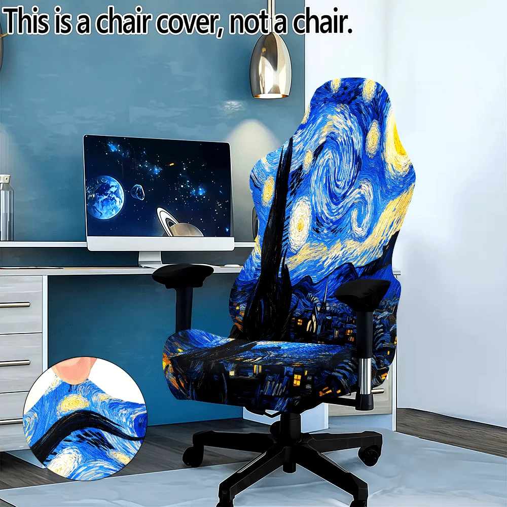 1Set Van Gogh's Starry Night Pattern UV Reactive Glowing Computer Game Chair Cover for Office Bedroom Game Chair Decoration