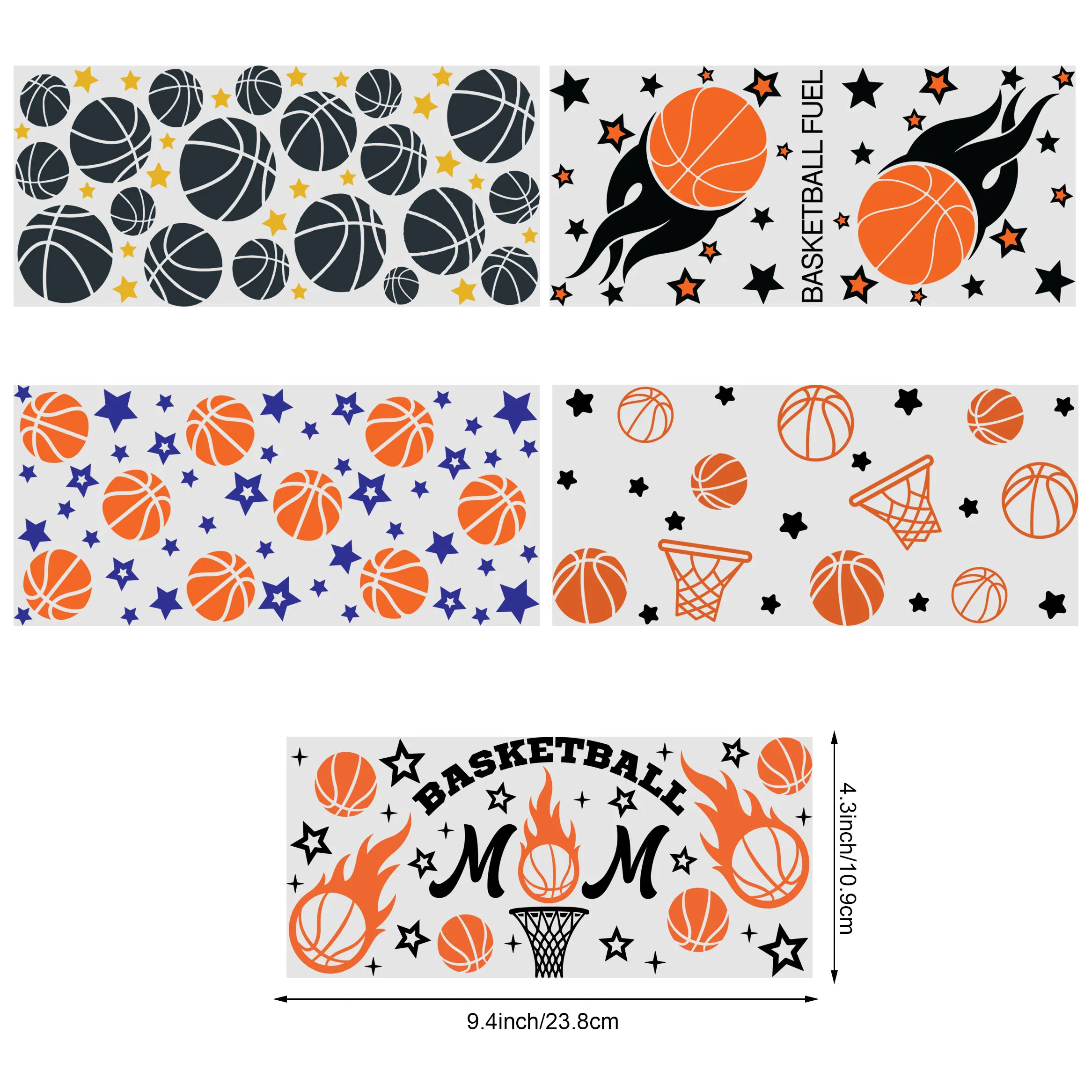 5 Sheets Basketball UV DTF Cup Stickers, Glass Sports DTF Transfer Stickers, Waterproof Wipe Transfer Paper for 16oz Glass, Mugs