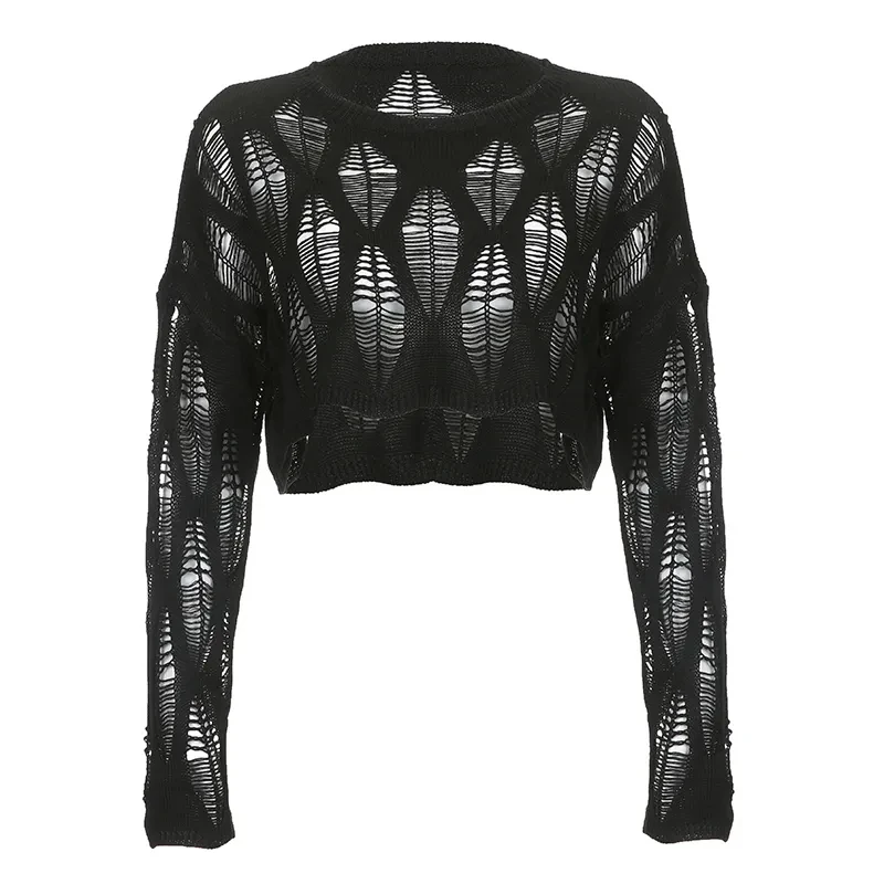 Women Knitted Shirt Summer Sexy Hollow Out New Female Long Sleeve Blouse Fashion All Match Loose Solid Gothic Ladies Crop Top