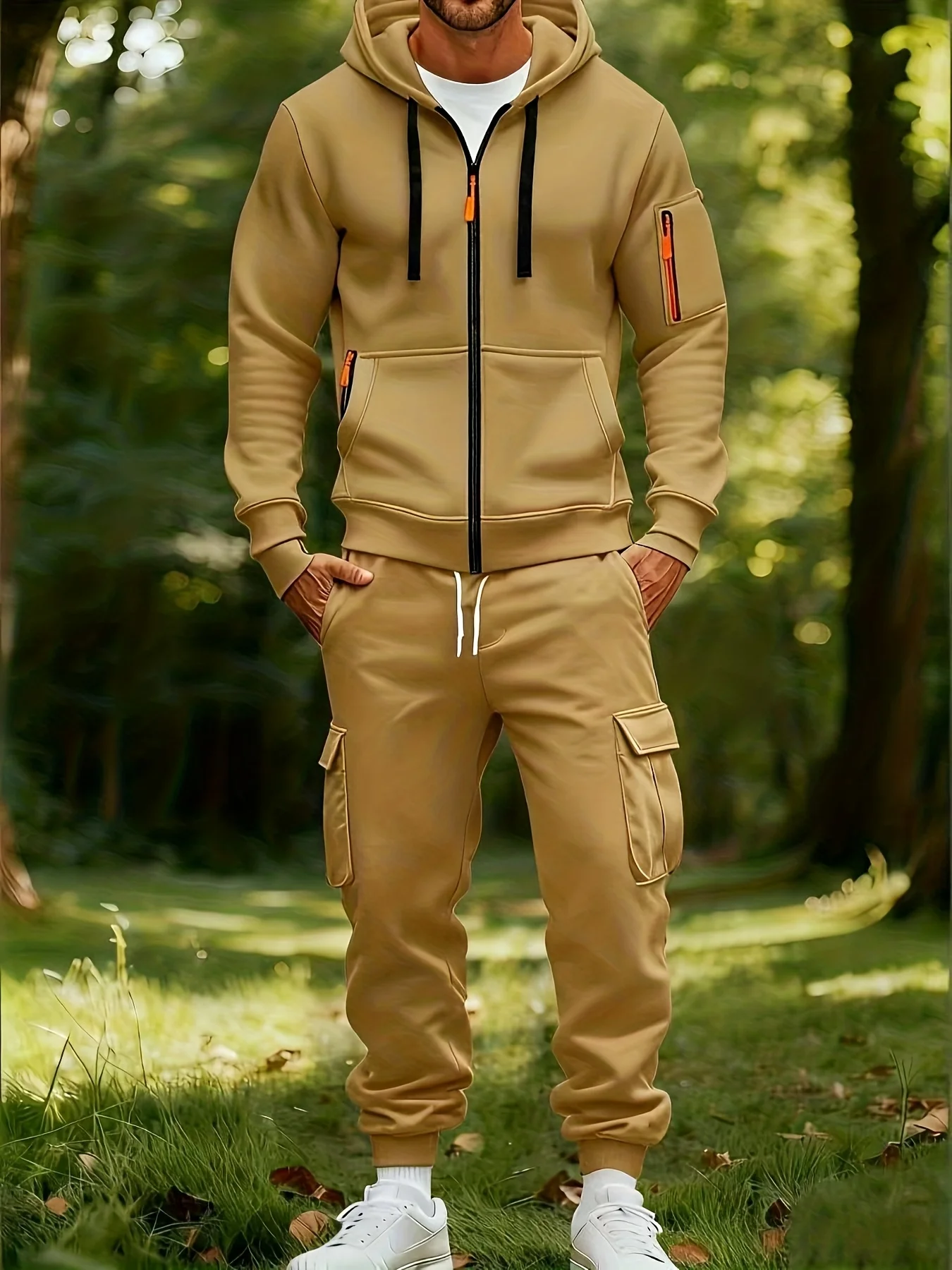 Men's New sports suit Long Sleeve Zipper pocket Design Autumn Winter  Casual Hooded Sweatshirt Men multi-pocket work pants suit