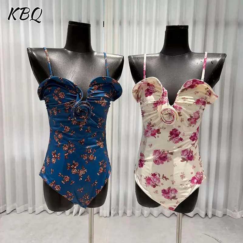 KBQ Vintage Floral Spaghetti Strap Bodysuits for Women V Neck Sleeveless Decor Ruched Slim Fit Jumpsuit for Dating Outing Style