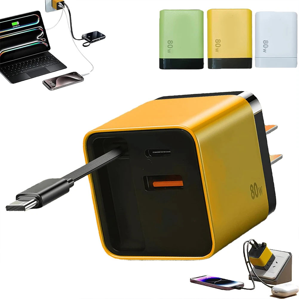 

3 in 1 GaN Charger with Type C Cable & 2 USB Ports Retractable Phone Charger Wall Plug Wall Charger for Smartphones Laptops