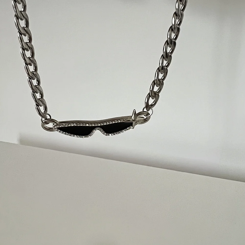 Hip-Hop-Imitation-Sonnenbrille für Männer, Choker, Retro-Silberfarbene Kubanische Kettenhalskette, Modisches Design-Schmuckstück, Trendige Accessoires – Detail 4
