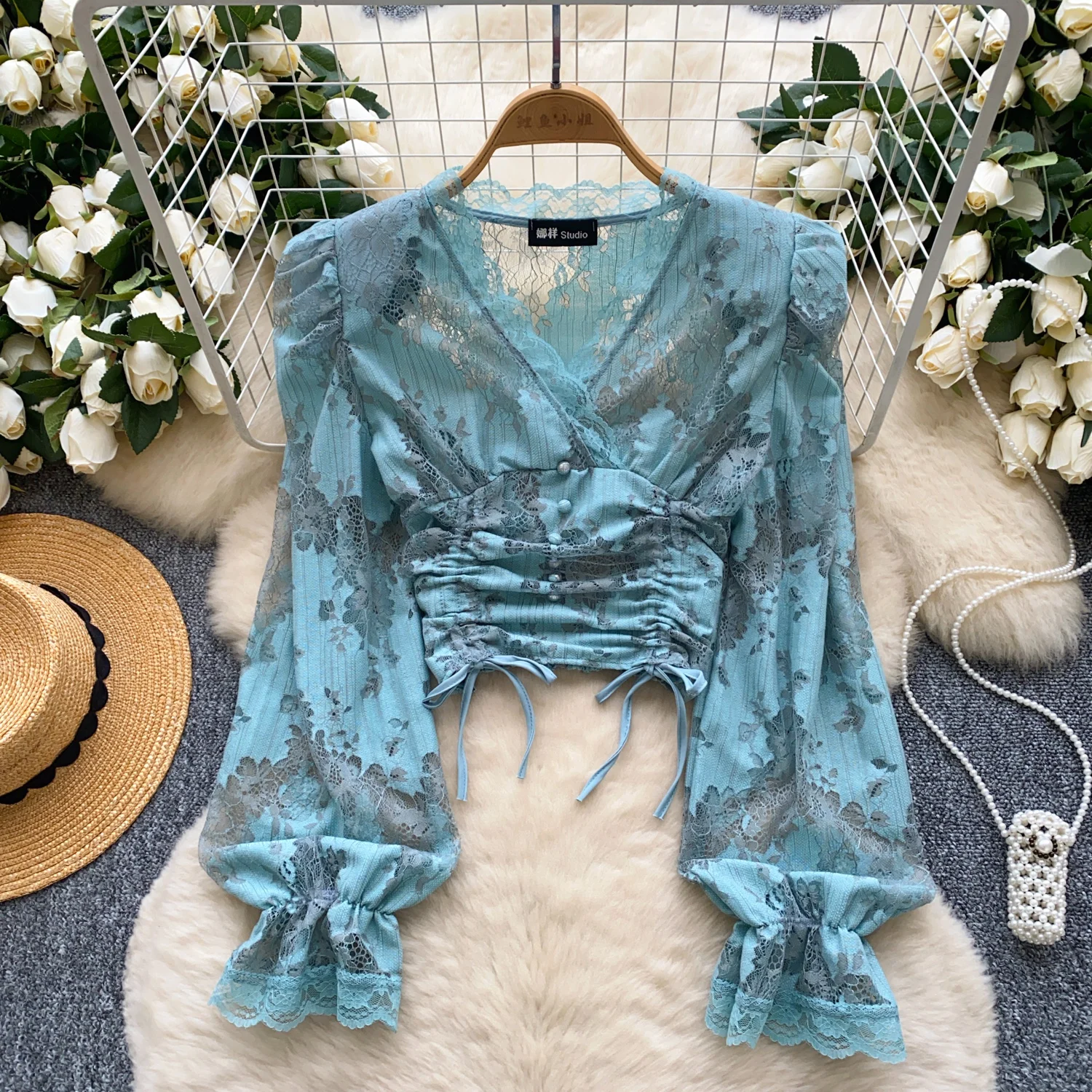 Chic Sexy sweet pleated Hook flower hollow lace T shirt Elegant  Crop Top  Vintage Fashion Tees Female Spring Summer Shirt