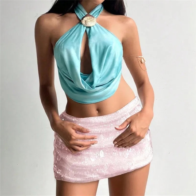 Sequin Mini Skirt for Women Summer Fashion Versatile Sparkly Solid Color Low Waist Short Skirts Dress Y2K Coquette Streetwear