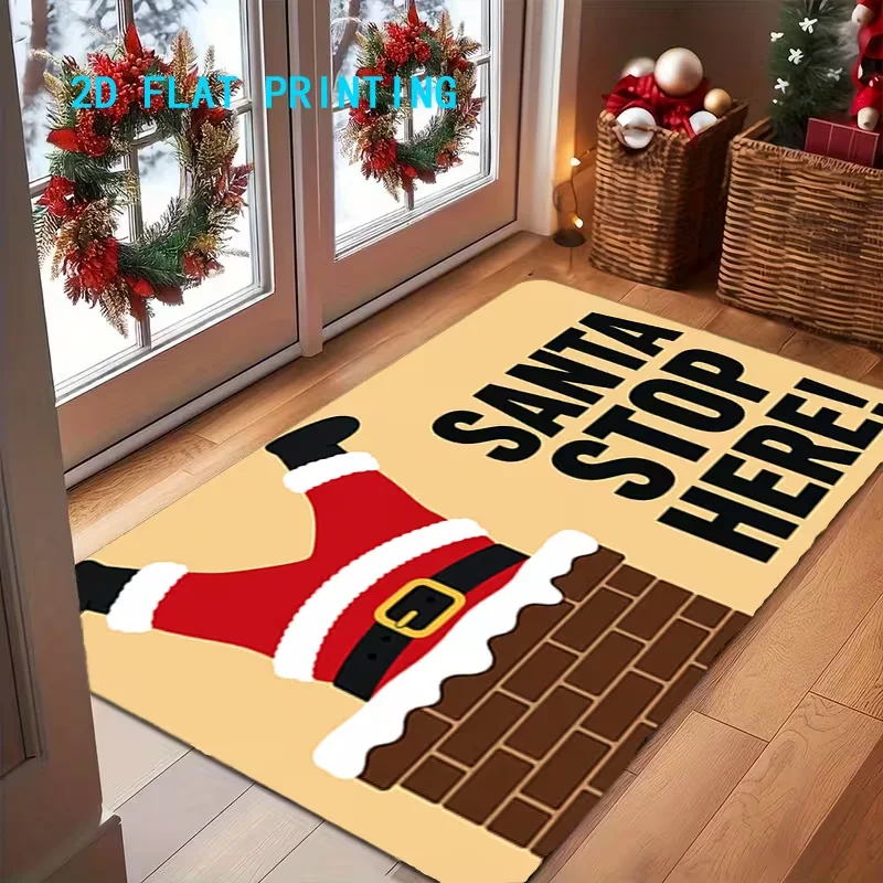 Santa Stop Here Christmas Doormat Funny Santa Chimney Holiday Print Entrance Rug Festive Home Carpet for Porch Indoor