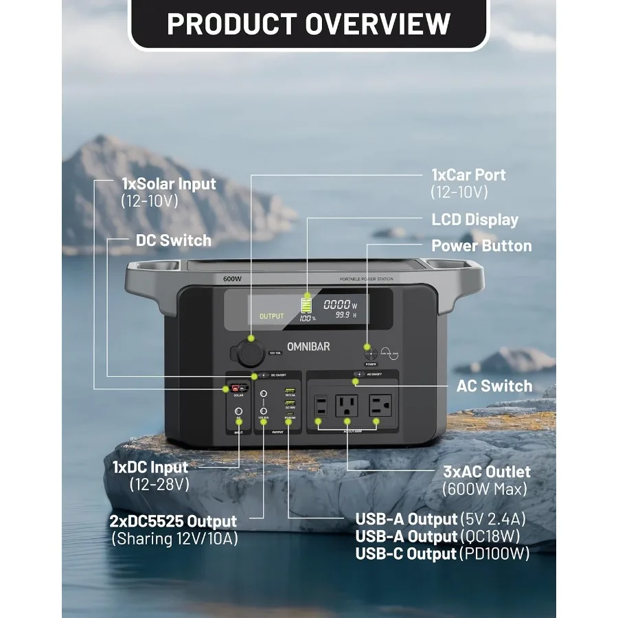 Estação de energia portátil 600W 655Wh 182 000mAh Gerador solar com saída USBC de 100W 120V Tomadas CA de onda senoidal pura para exterior C