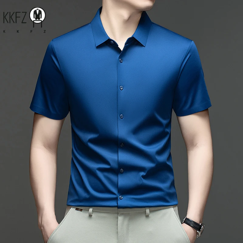 

Мужская повседневная рубашка с коротким рукавом из ледяного шелка: дышащая, немнущаяся, для лета, делового стиля и официальных мероприятий