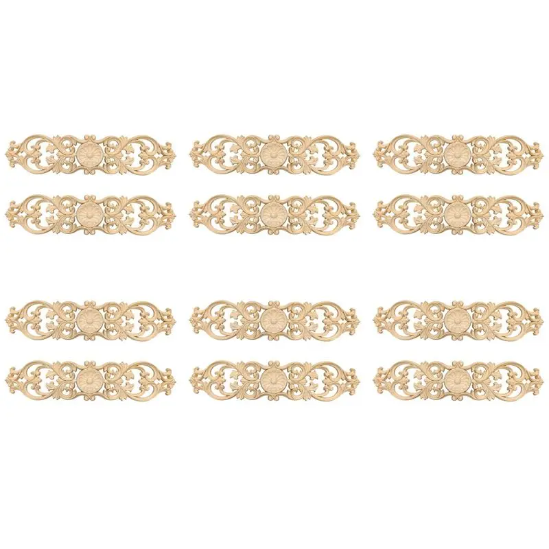6Pcs 40Cmx10cm Woodcarving Decals Carved Corner Flower Cabinet Door Bed Decorative Patch Onlay Wood Applique