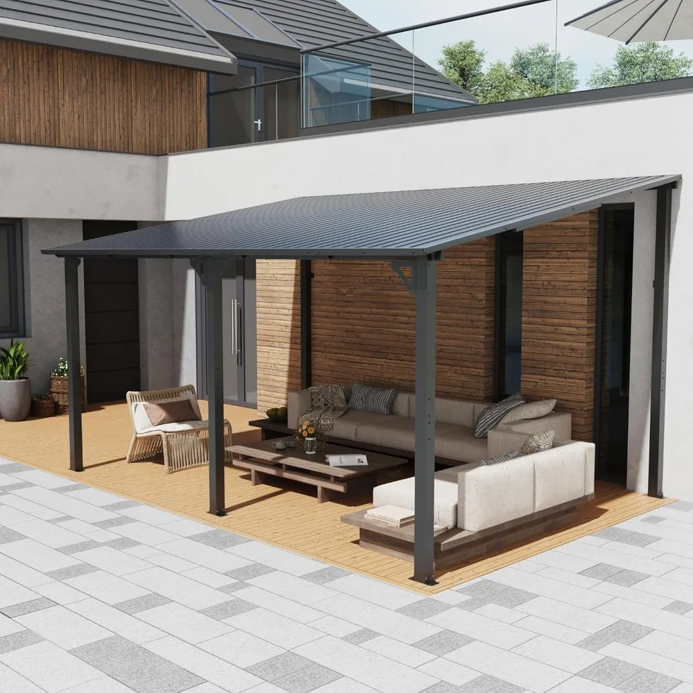 

10x14 FT Patio All-Iron Gazebo,with Roof, Wall Mounted Heavy Duty Awnings,Hard Top Lean to Gazebo Pergola