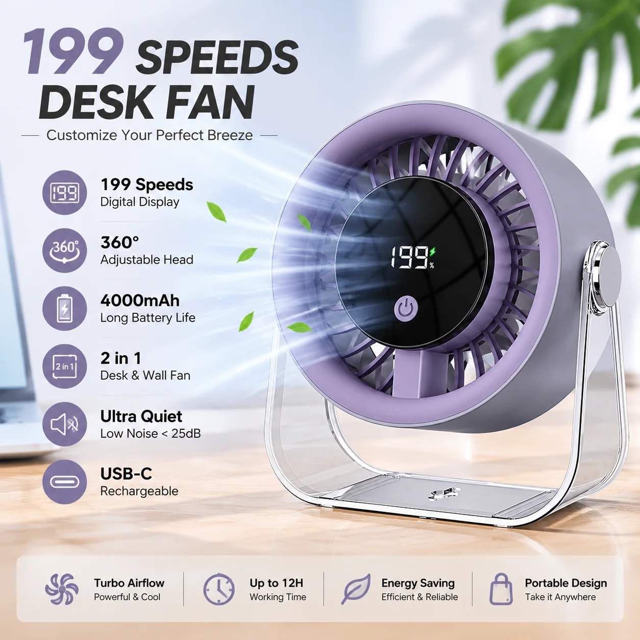 Portable Desk Fan 199 Speeds Rechargeable USB Cooling Table Fan with LED Display 360° Rotation 4000mAh for Bedroom Home Office