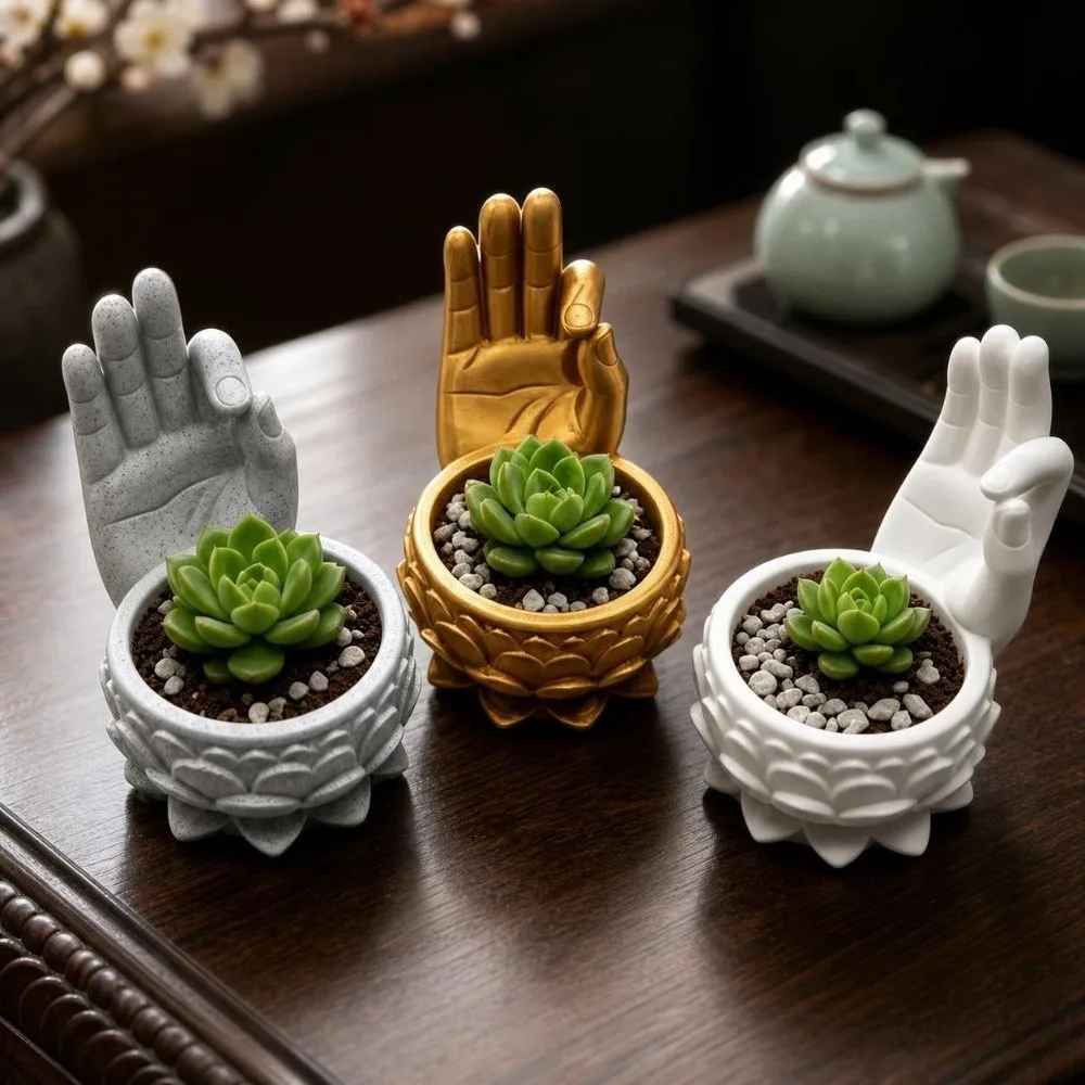 3D Printed Lotus Shaped Flower Pot Ok Hand Funny Zen Plant Pot Handmade Creative Jewelry Storage Tray for Yard Garden