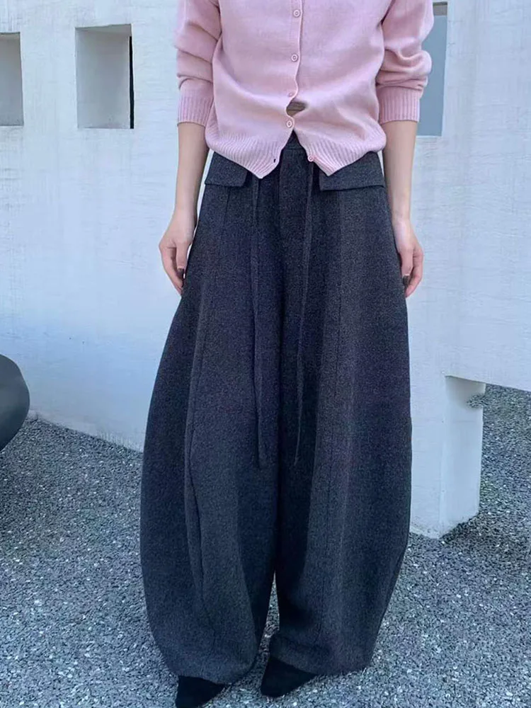 Deep ey Thiened Fce Pantalones casuales para mujer Dstring Pantalones de pierna recta de cintura alta Commute Sle Faion coreano