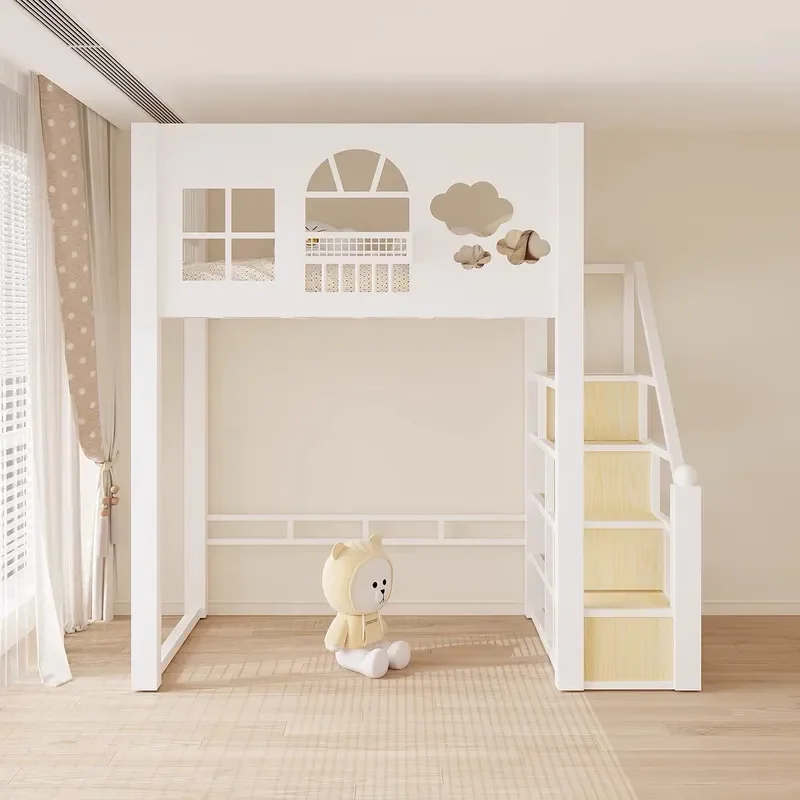 for Wrought Iron Elevated Bed Adult Single Upper Level Duplex Second Floor Space Saving High Low Bed with Step Ladder Loft