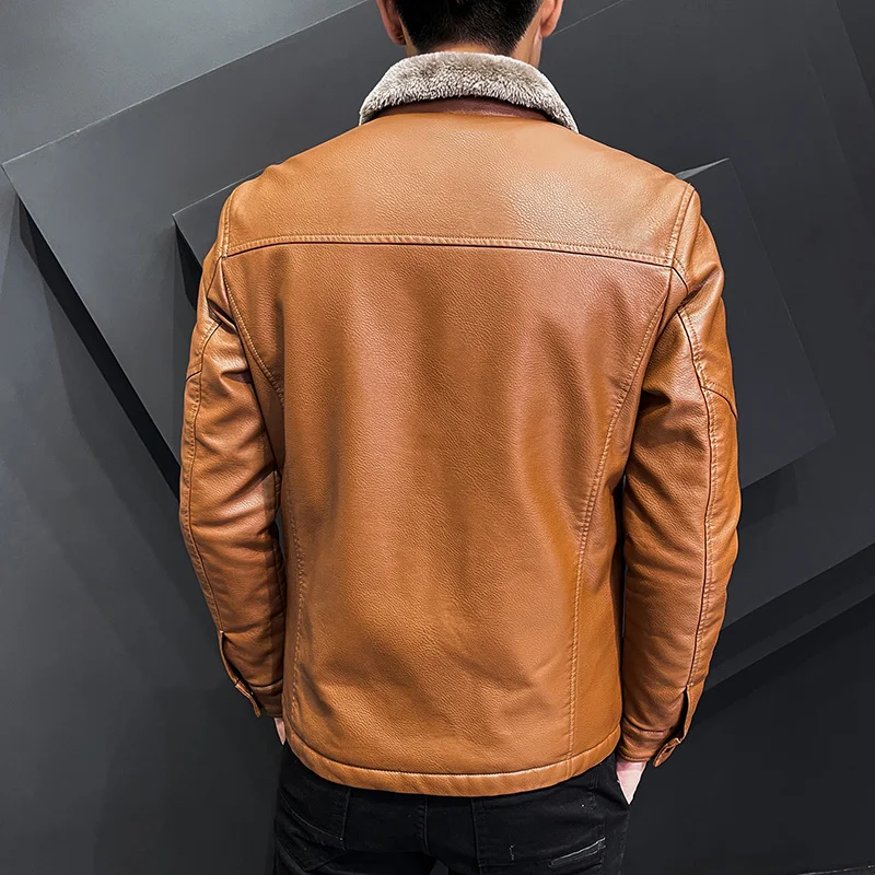 2023 Winter Fashion Warmth Thickened Leather Jacket Lapel Solid Zipper DesignBomber Coat Men's Leather Jacket M-4XL