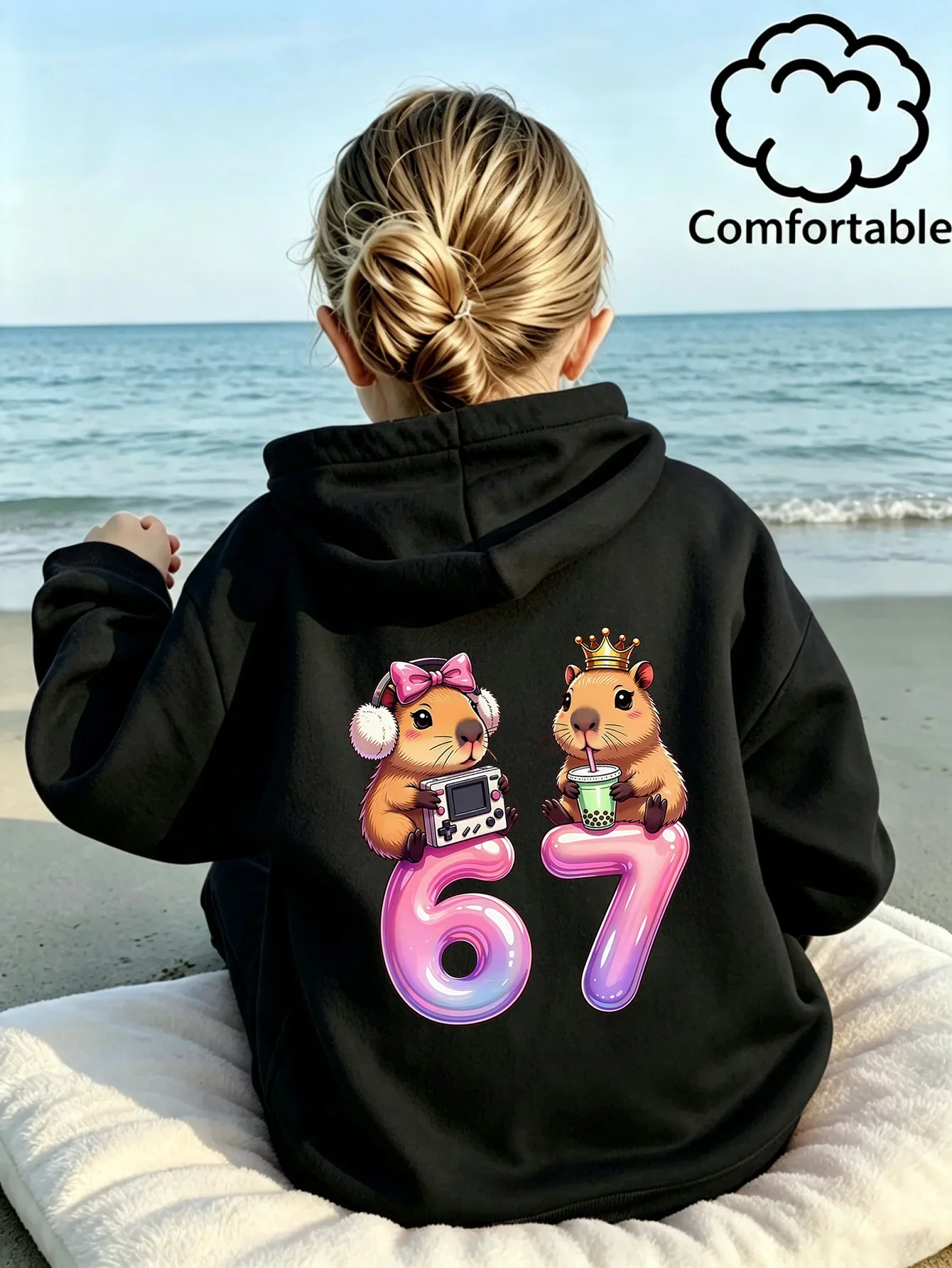 Girls Pink Capybara Graphic Printed Hoodie Teen Cute Boba Gamer Back Print Oversized Sweatshirt Loose Hooded Jumper