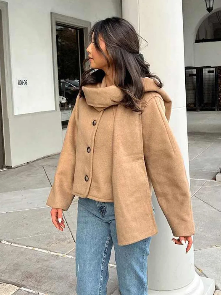 

2024 Autumn Winter New Long Sleeve Scarf Collar Jackets Casual Loose Single Breasted Pockets Coat Office Lady Chic Streetwear