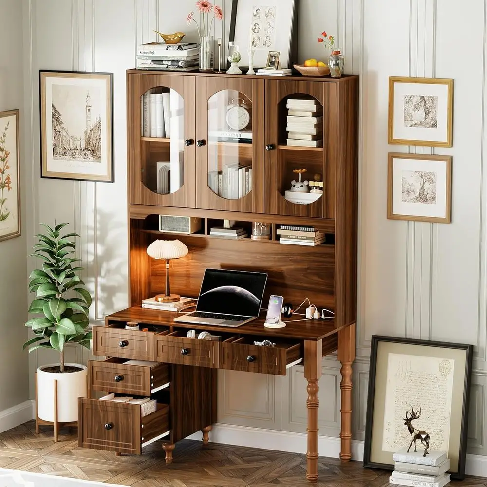 

Walnut 47 Home Office Desk with Hutch, 5 Drawers, Charging Ports, and Glass Door Bookshelf