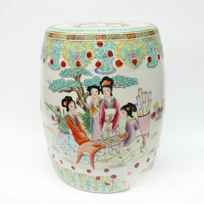 Ceramic pastel hand-painted antique maid picture boy drum stool porcelain stool, dressing stool embroidered pier