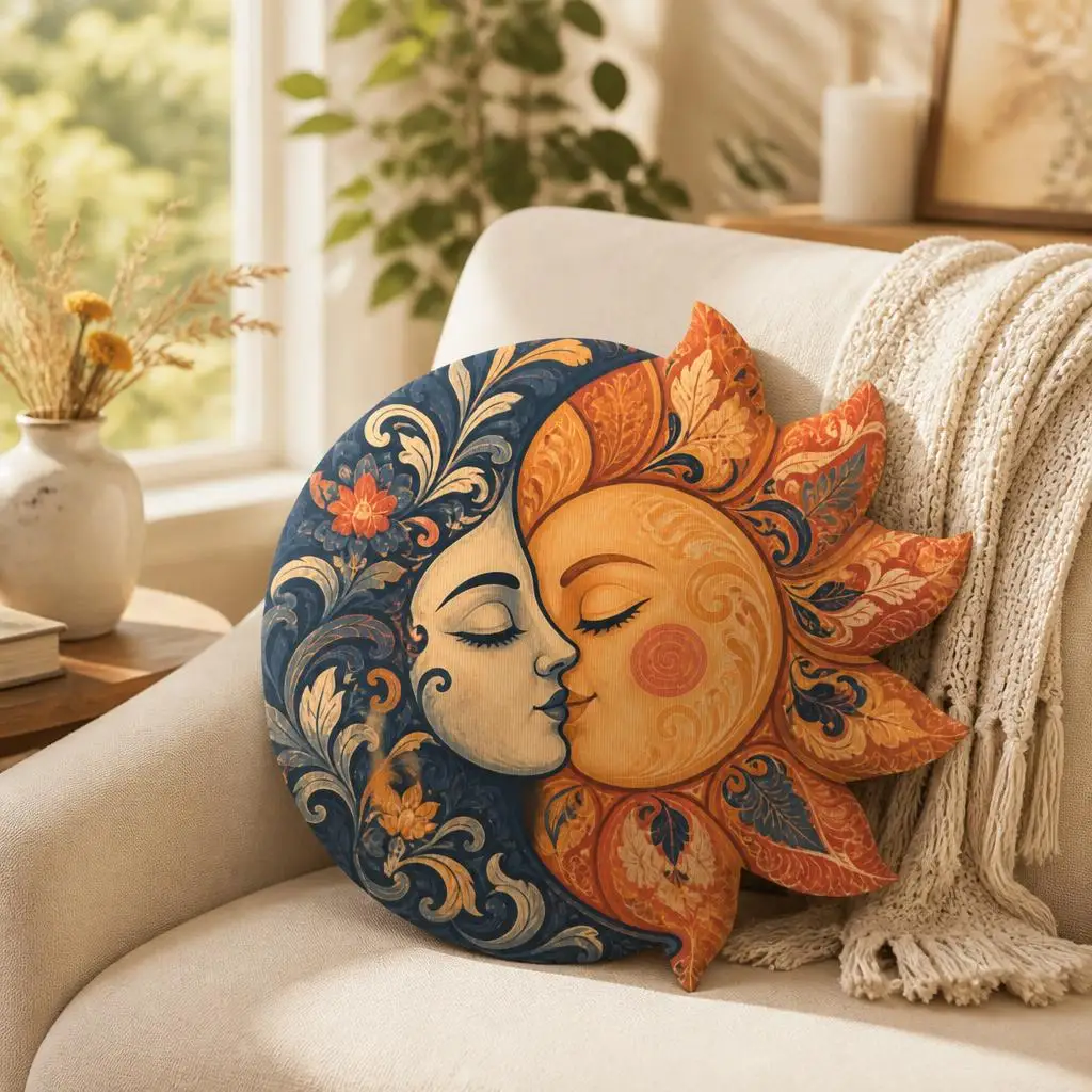 Celestial Sun Moon Face Throw Pillow Boho Eclipse Cushion Plush Stuffed Irregular Decorative Home Accent Gift Floor Cushion