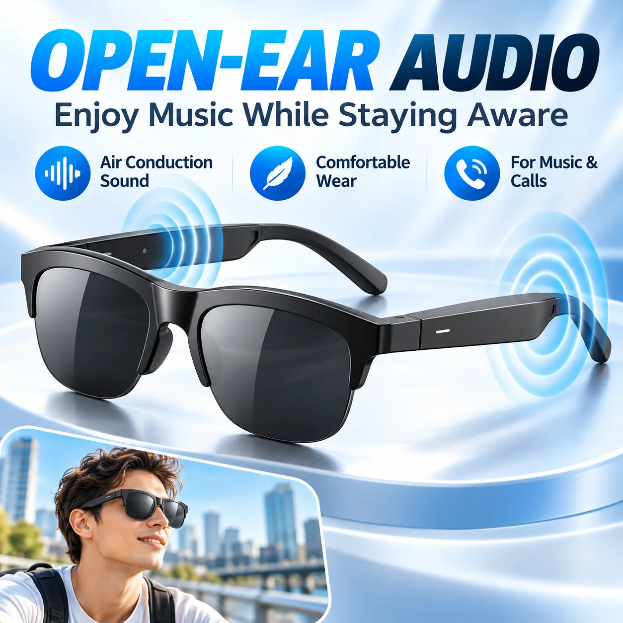 G02 Bluetooth 5.4 Audio Smart Glasses Open Ear Wireless Sunglasses with Touch Control Hands Free Calls Type C Charging for Men W