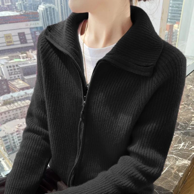 Autumn New Knitted Cardigan Turtleneck Thick Zipper Design Fashion High-End Elegant Comfortable Knitted Sweater Cardigan-GH483