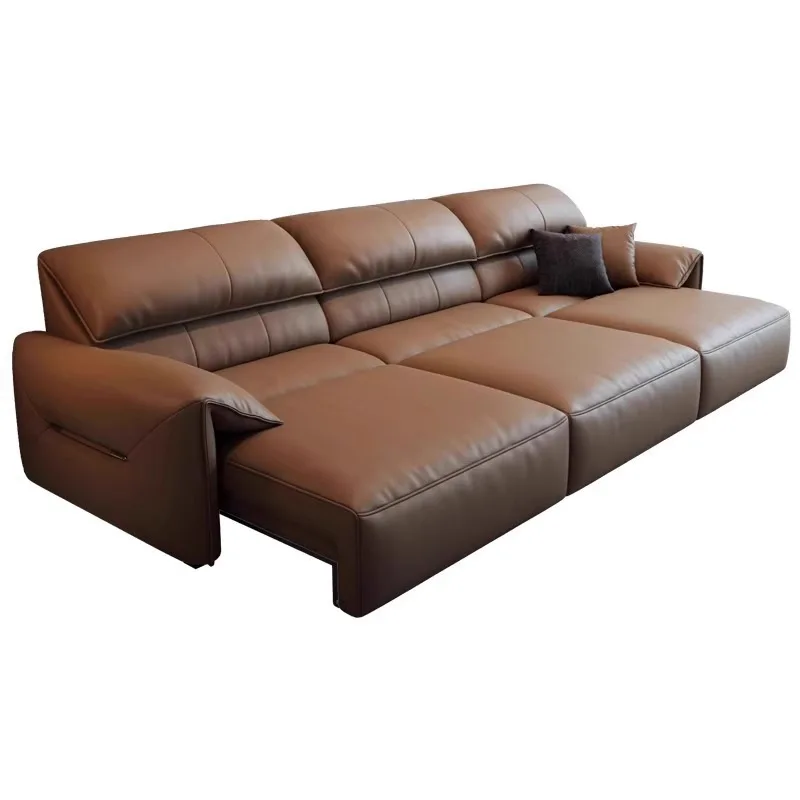 Italian minimalist, first-layer cowhide living room small apartment straight row leather art, electric multi-functional